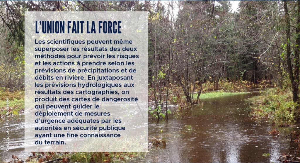 L’union fait la force
Les scientifiques peuvent même superposer les résultats des deux méthodes pour prévoir les risques et les actions à prendre selon les prévisions de précipitations et de débits en rivière. En juxtaposant les prévisions hydrologiques aux résultats des cartographies, on produit des cartes de dangerosité qui peuvent guider le déploiement de mesures d’urgence adéquates par les autorités en sécurité publique ayant une fine connaissance du terrain.