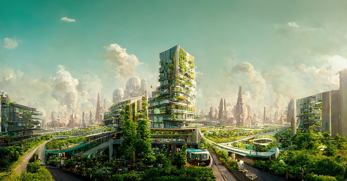 Spectaculaire paysage urbain éco-futuriste concept ESG plein de verdure, de gratte-ciel, de parcs et d'autres espaces verts artificiels en zone urbaine. Jardin vert dans une ville moderne. Illustration 3D d'art numérique.