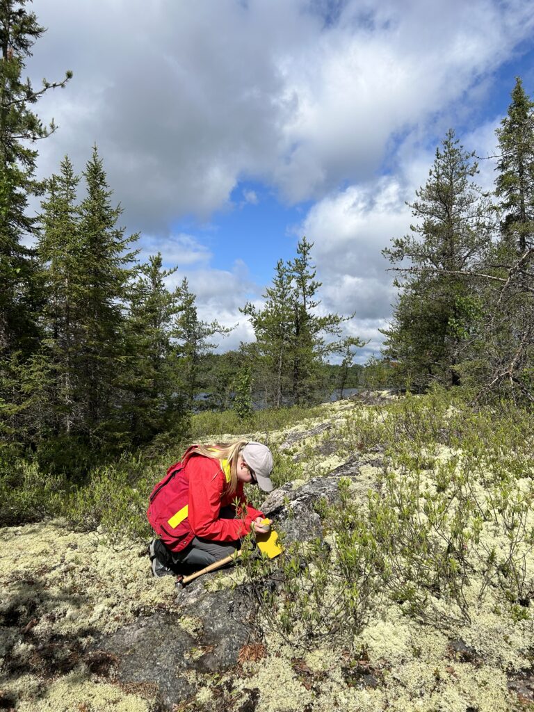 Crédits: Antoine Godet. L'étudiante Jillian Côté effectue des travaux de terrain au Réservoir Decelles, Québec. / Student Jillian Côté works in the field at the Decelles Reservoir, Quebec.