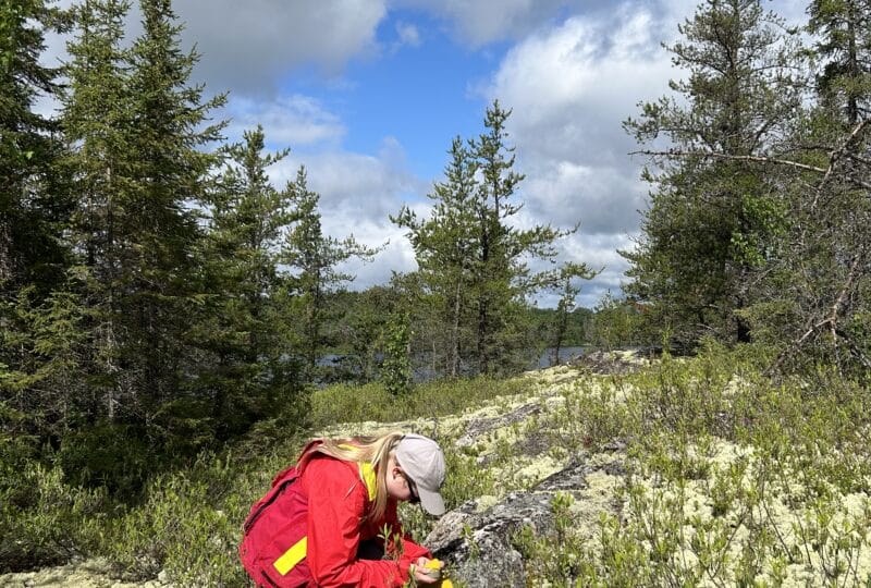 Crédits: Antoine Godet. L'étudiante Jillian Côté effectue des travaux de terrain au Réservoir Decelles, Québec. / Student Jillian Côté works in the field at the Decelles Reservoir, Quebec.