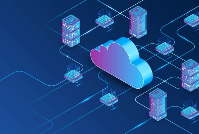 Cloud technology isometric background. Computer technology, server room, and equipment for internet networks. Data cloud storage technology. Database and data center vector illustration.