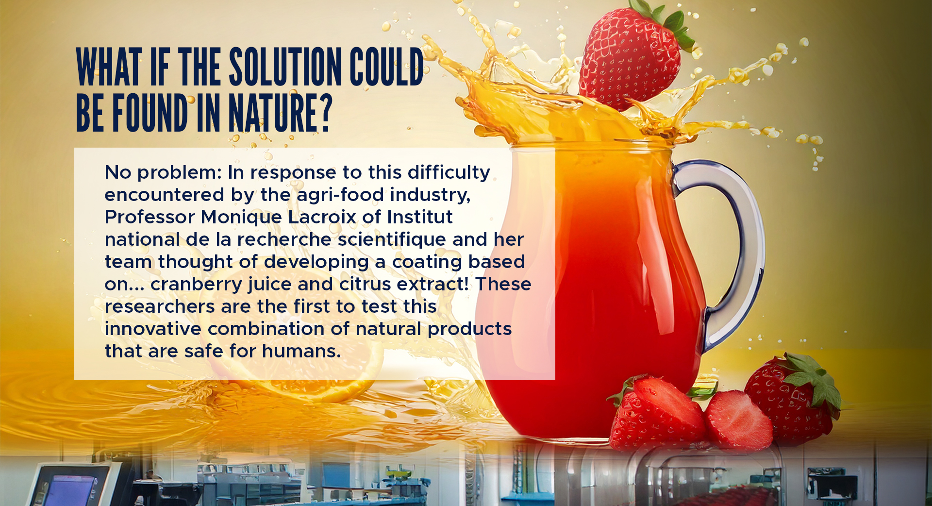 What if the solution could be found in nature? 

No problem: In response to this difficulty encountered by the agri-food industry, Professor Monique Lacroix of Institut national de la recherche scientifique and her team thought of developing a coating based on... cranberry juice and citrus extract! These researchers are the first to test this innovative combination of natural products that are safe for humans.  