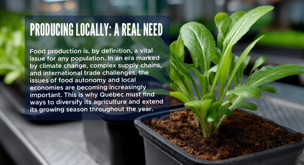 Producing locally: A real need
Food production is, by definition, a vital issue for any population. In an era marked by climate change, complex supply chains, and international trade challenges, the issues of food autonomy and local economies are becoming increasingly important. This is why Québec must find ways to diversify its agriculture and extend its growing season throughout the year.