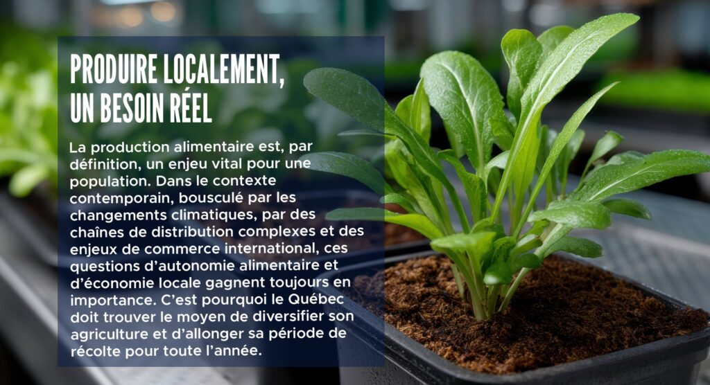 Produire localement, un besoin réel
La production alimentaire est, par définition, un enjeu vital pour une population. Dans le contexte contemporain, bousculé par les changements climatiques, par des chaînes de distribution complexes et des enjeux de commerce international, ces questions d’autonomie alimentaire et d’économie locale gagnent toujours en importance. C’est pourquoi le Québec doit trouver le moyen de diversifier son agriculture et d’allonger sa période de récolte pour toute l’année.