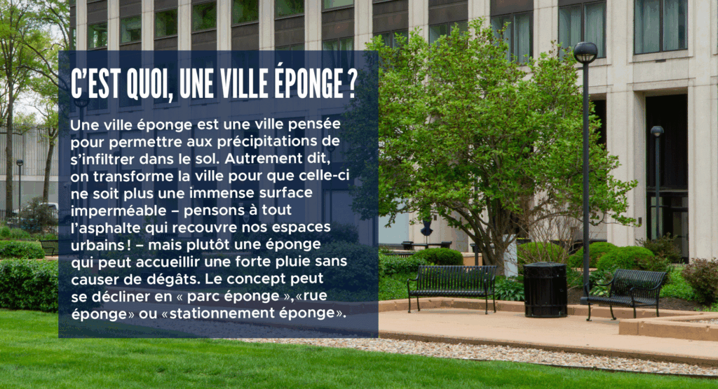 C’est quoi, une ville éponge ?
Une ville éponge est une ville pensée pour permettre aux précipitations de s’infiltrer dans le sol. Autrement dit, on transforme la ville pour que celle-ci ne soit plus une immense surface imperméable – pensons à tout l’asphalte qui recouvre nos espaces urbains! – mais plutôt une éponge qui peut accueillir une forte pluie sans causer de dégâts. Le concept peut se décliner en « parc éponge », « rue éponge » ou « stationnement éponge ».
