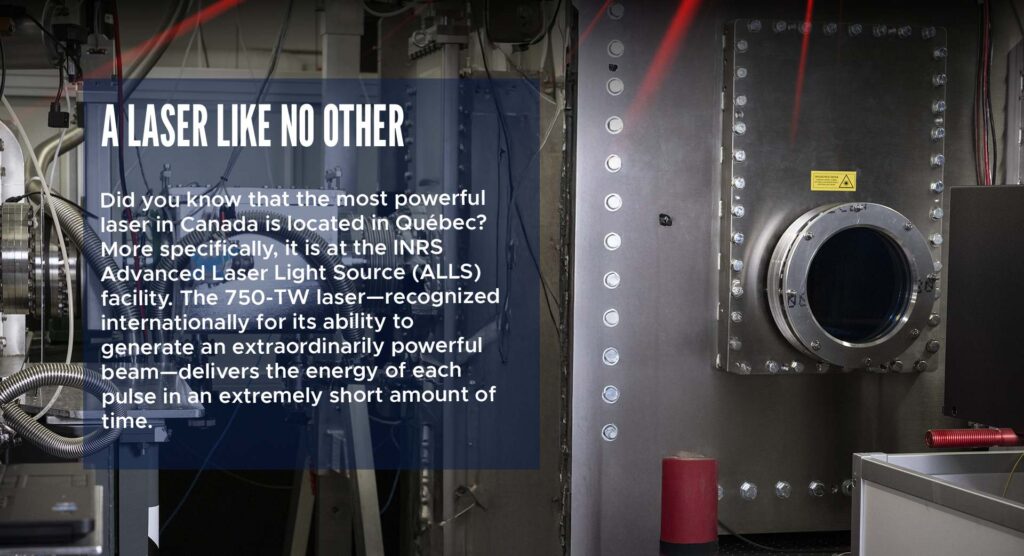 A Laser Like No Other
Did you know that the most powerful laser in Canada is located in Québec? More specifically, it is at the INRS Advanced Laser Light Source (ALLS) facility. The 750‑TW laser—recognized internationally for its ability to generate an extraordinarily powerful beam—delivers the energy of each pulse in an extremely short amount of time.