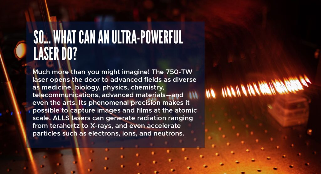 So… What Can an Ultra‑Powerful Laser Do?
Much more than you might imagine! The 750‑TW laser opens the door to advanced fields as diverse as medicine, biology, physics, chemistry, telecommunications, advanced materials—and even the arts. Its phenomenal precision makes it possible to capture images and films at the atomic scale. ALLS lasers can generate radiation ranging from terahertz to X‑rays, and even accelerate particles such as electrons, ions, and neutrons.