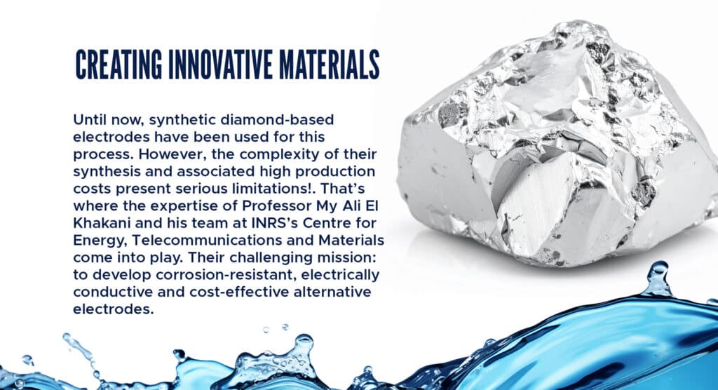 Creating innovative materials 

Until now, synthetic diamond-based electrodes have been used for this process. However, the complexity of their synthesis and associated high production costs present serious limitations!. That’s where the expertise of Professor My Ali El Khakani and his team at INRS’s Centre for Energy, Telecommunications and Materials come into play. Their challenging mission: to develop corrosion-resistant, electrically conductive and cost-effective alternative electrodes. Drawing on to their in-depth knowledge of material sciences, Professor El Khakani’s team, in collaboration with Professor Patrick Drogui and his team, have developed titanium oxide-based coatings (a naturally abundant material) with a specific Ti4O7 composition known as the “Magnéli phase.” These new anodes have been proven  highly effective in degrading PFAS. Remarkably, they demonstrate performance and durability comparable to, or even exceeding, that  of  boron-doped synthetic diamond electrodes.  