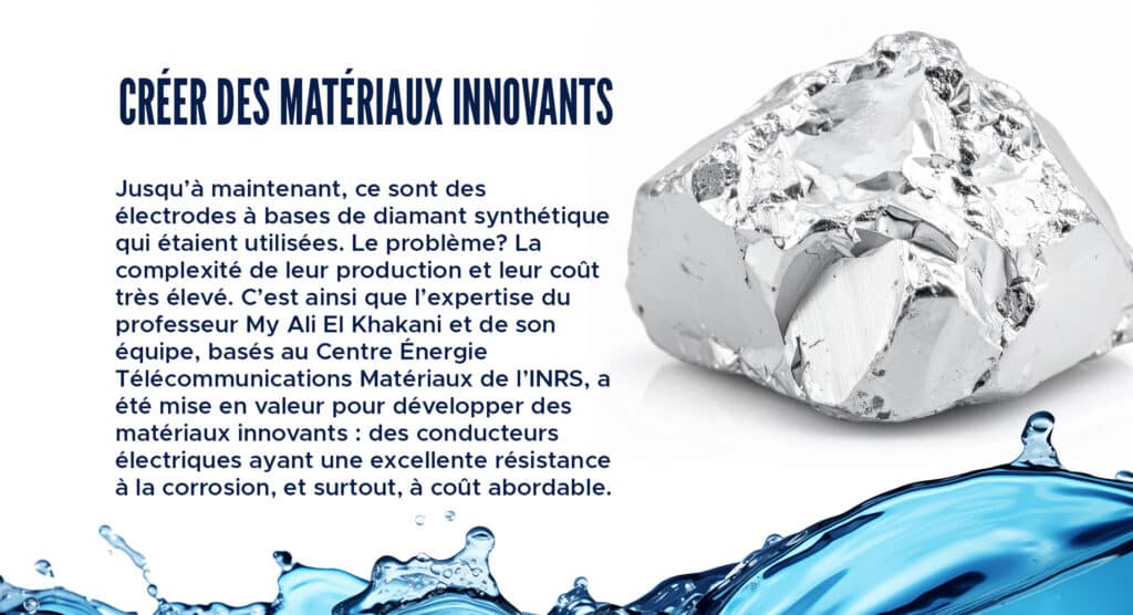 Créer des matériaux innovants 
Jusqu’à maintenant, ce sont des électrodes à bases de diamant synthétique qui étaient utilisées. Le problème? La complexité de leur production et leur coût très élevé. C’est ainsi que l’expertise du professeur My Ali El Khakani et de son équipe, basés au Centre Énergie Télécommunications Matériaux de l’INRS, a été mise en valeur pour développer des matériaux innovants : des conducteurs électriques ayant une excellente résistance à la corrosion, et surtout, à coût abordable. Grâce à ses connaissances pointues en sciences des matériaux, l’équipe du professeur El Khakani, en collaboration avec celle du professeur Patrick Drogui, a développé des revêtements à base d’oxydes de titane (très abondant dans la nature!) ayant une composition particulière de Ti4O7, connue sous le terme de « phase de Magnéli ». Ces nouvelles anodes ont été utilisées efficacement pour la dégradation des PFAS. Elles ont montré une efficacité et une durabilité comparables, voire meilleures, que celles des électrodes à base de diamant synthétique dopé au bore.