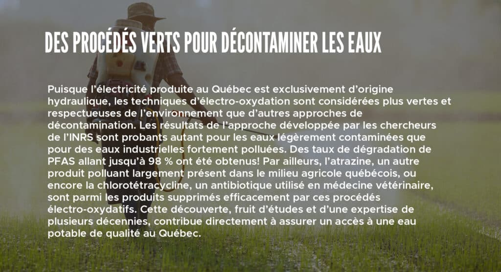 Des procédés verts pour décontaminer les eaux 
Puisque l’électricité produite au Québec est exclusivement d’origine hydraulique, les techniques d’électro-oxydation sont considérées plus vertes et respectueuses de l’environnement que d’autres approches de décontamination. Les résultats de l’approche développée par les chercheurs de l’INRS sont probants autant pour les eaux légèrement contaminées que pour des eaux industrielles fortement polluées. Des taux de dégradation de PFAS allant jusqu’à 98 % ont été obtenus! Par ailleurs, l’atrazine, un autre produit polluant largement présent dans le milieu agricole québécois, ou encore la chlorotétracycline, un antibiotique utilisé en médecine vétérinaire, sont parmi les produits supprimés efficacement par ces procédés électro-oxydatifs. Cette découverte, fruit d’études et d’une expertise de plusieurs décennies, contribue directement à assurer un accès à une eau potable de qualité au Québec. 