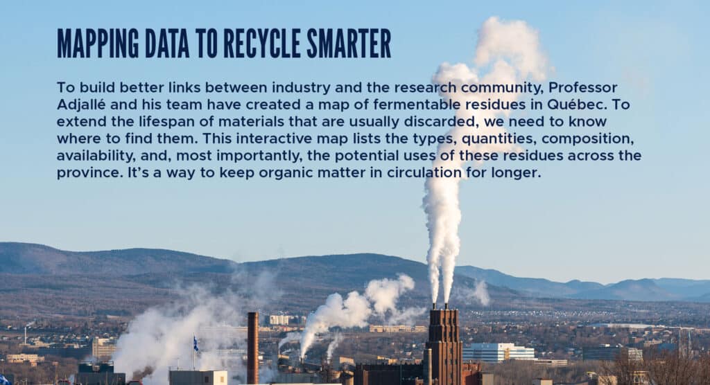 Mapping data to recycle smarter 

To build better links between industry and the research community, Professor Adjallé and his team have created a map of fermentable residues in Québec. To extend the lifespan of materials that are usually discarded, we need to know where to find them. This interactive map lists the types, quantities, composition, availability, and, most importantly, the potential uses of these residues across the province. It’s a way to keep organic matter in circulation for longer. 