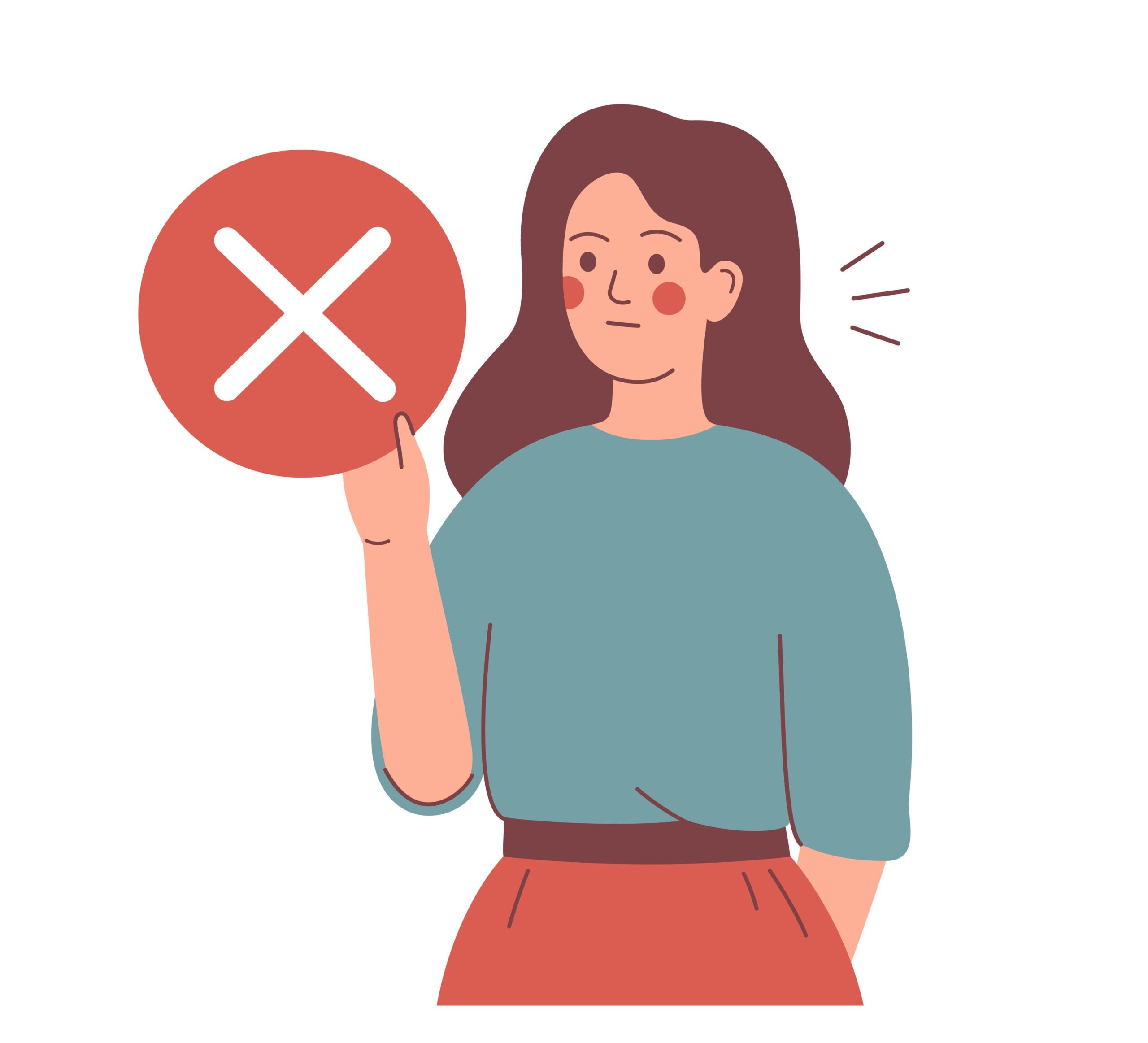 Young woman hold the circle with reject mark. No concept. Vector illustration.